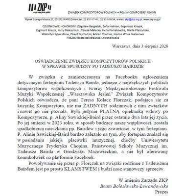 Oświadczenie Związku Kompozytorów Polskich w sprawie spuścizny po Tadeuszu Bairdzie