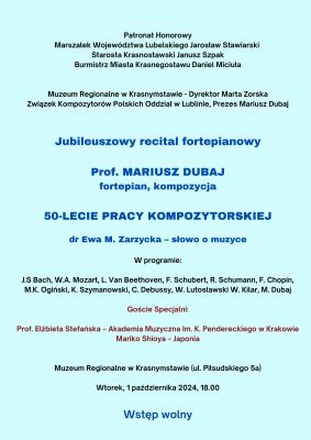 Jubileuszowy recital fortepianowy Mariusza Dubaja z okazji 50-lecia pracy kompozytorskiej